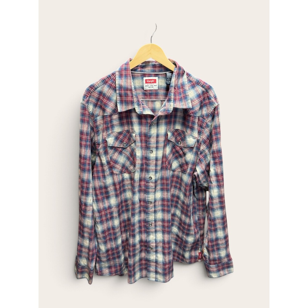 Wrangler Mens 2XL Plaid Button Down Shirt Red Blue Long Sleeve Stretch Flannel